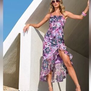 Boston Proper Lavender Sequin Embroidered Mesh Ruffle Slit Midi Dress sz 8